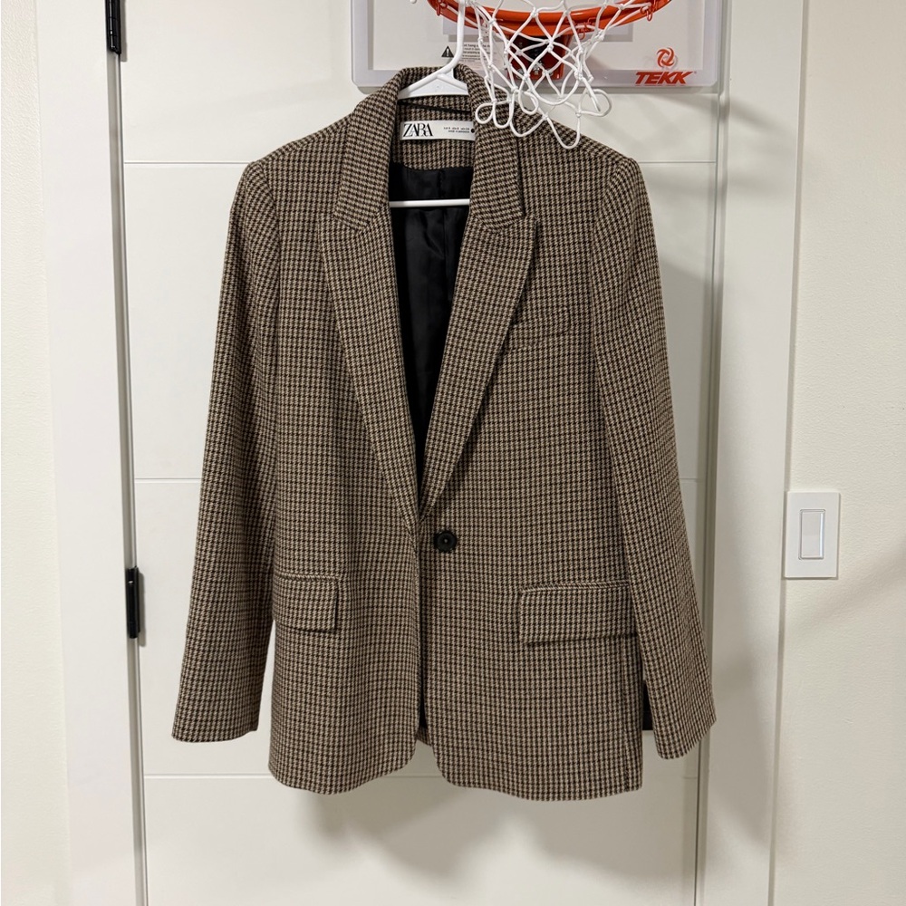 Zara Women Tan Houndstooth Wool Blazer